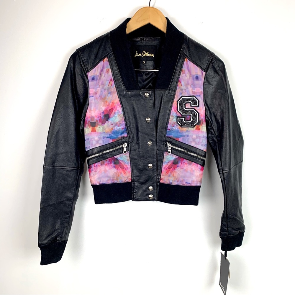 Sam Edelman Pixie Print Faux Leather Bomber Jacket Barbie Style MSRP $260 Size S
